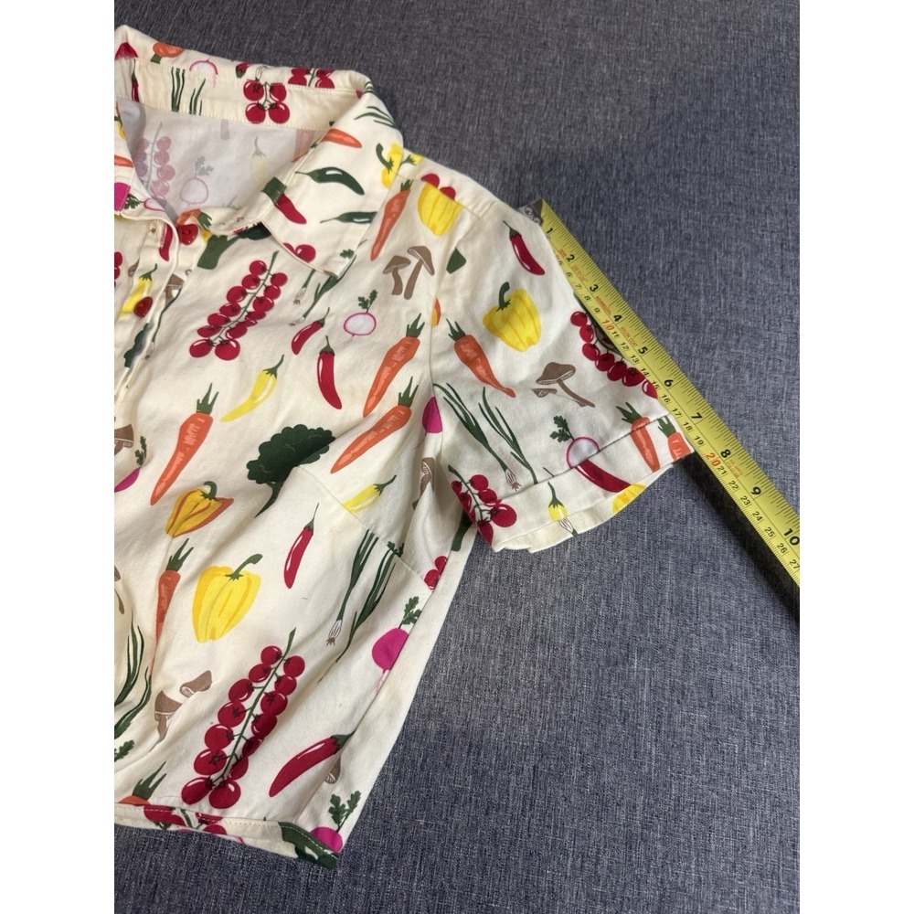 Collectif London Sammy Vegetable Medley Tie Blouse M Cream Crop Casual Cottage - Picture 3 of 8